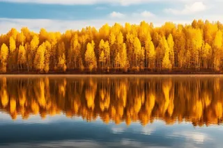 秋天的森林倒映在湖面摄影图