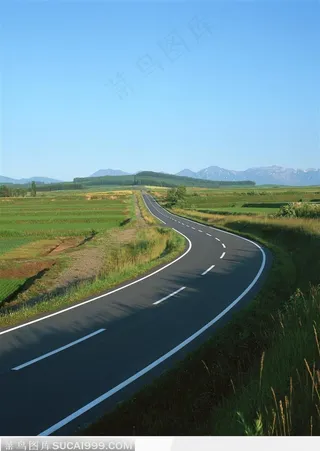 蓝天下的绿色农田和水泥公路