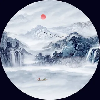 新中式水墨红日山水花鸟背景图蓝色轻奢山水画客厅卧室装饰画 新中式水墨红日山水花鸟背景图蓝色轻奢山水画客厅卧室装饰画
