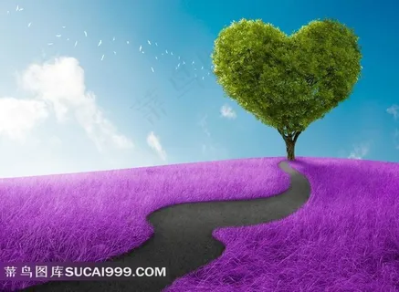 蓝天下的绿色爱心树高清图片