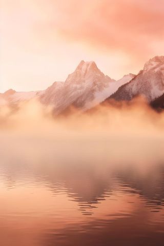 落日雪山云层河面背景