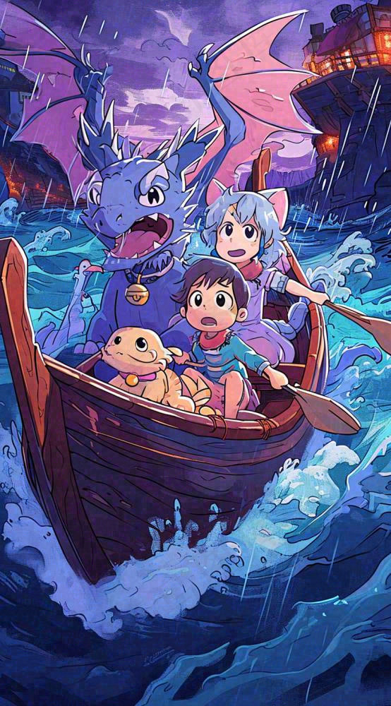 创意卡通古风河面人物游船，夜晚龙灯笼光照，海浪水面(816x1472)