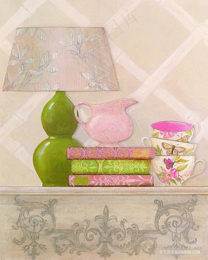 书本台灯碗艺术油画