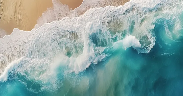 海岸边海浪为背景的海滩场景航拍摄影图(4560x2400)