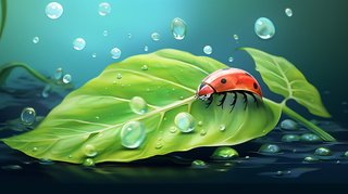 七星瓢虫在绿色叶子上露水卡通插画背景 