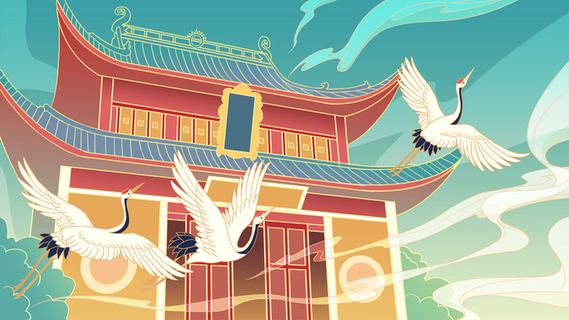 中国风国潮古建筑地标城市古风建筑阁楼印象地标手绘插画PSD素材