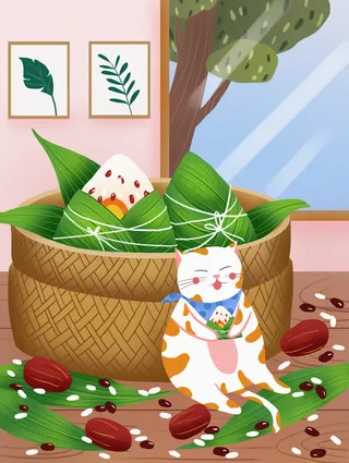 端午节猫咪粽子插画PSD素材