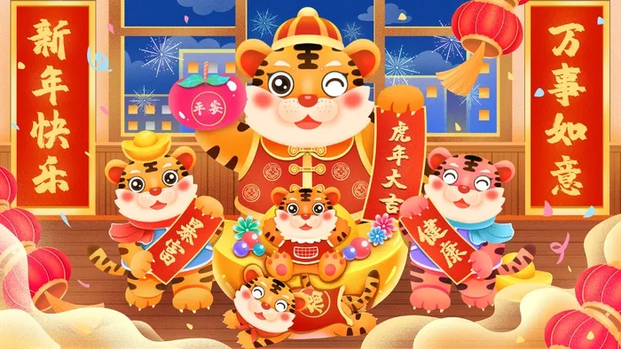 虎年中国风萌虎插画psd模版下载