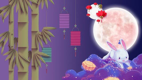 中秋节小白兔月饼紫蓝色背景