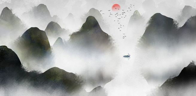 山峰湖泊景观画PSD素材