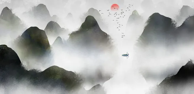 山峰湖泊景观画PSD素材 山峰湖泊景观画PSD素材