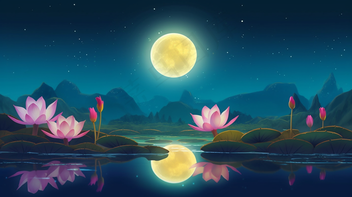 夜晚圆月下的荷花莲花湖泊山川插画素材(4368x2448)