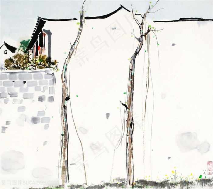 吴冠中手绘水墨房子艺术装饰画