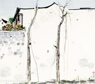 吴冠中手绘水墨房子艺术装饰画