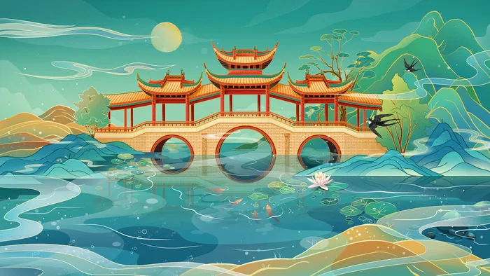 中国风国潮烫金仙鹤山水古建筑风景装饰插画背景PSD分层设计素材psd模版下载