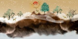 山水林木小鹿背景墙