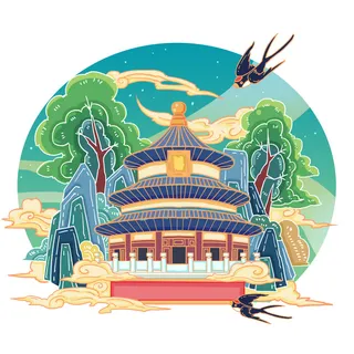 国潮风旅游建筑城市地标景区北京上海插图插画元素素材设计模板 国潮风旅游建筑城市地标景区北京上海插图插画元素素材设计模板