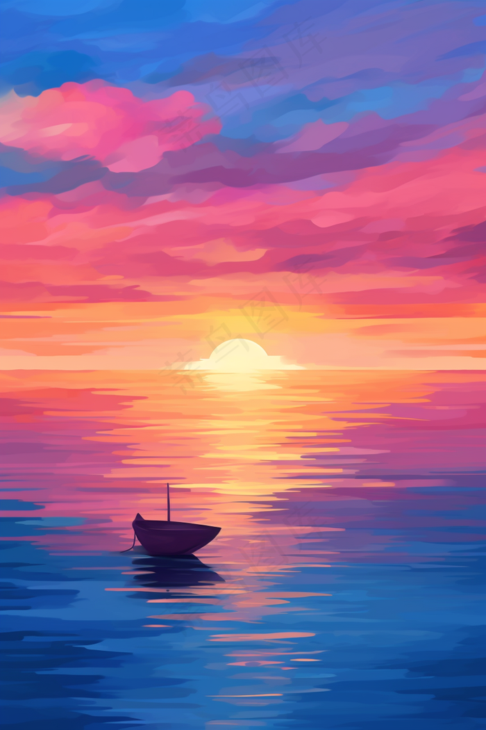 海洋日出日落晚霞夕阳行驶的帆船插画背景(2688x4032)