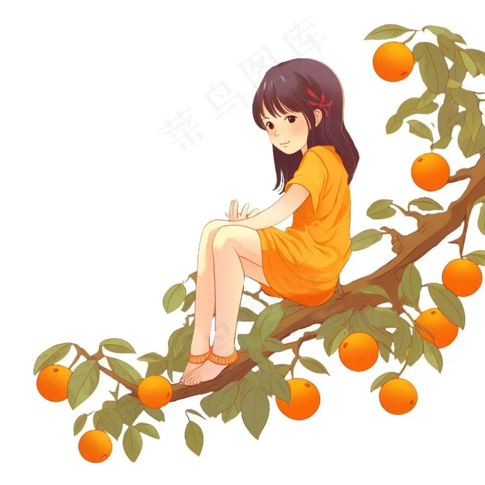 少女女孩坐着柿子树上橙色插画免抠(1024x1024)