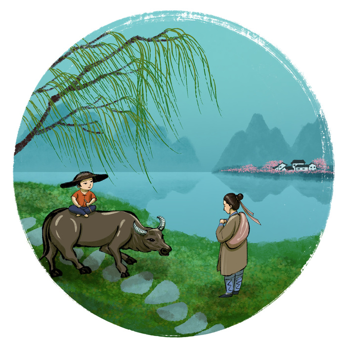 清明清明节牧童和路人对话场景psd模版下载