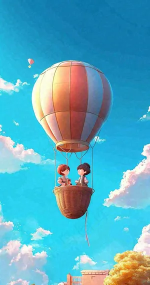 游玩旅行城市卡通热气球，欢乐儿童节