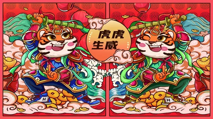 虎年中国风萌虎插画psd模版下载