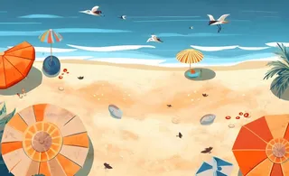 夏日海滩海边浪花海鸥背景