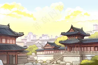 中国古代建筑园林阁楼中国风插画