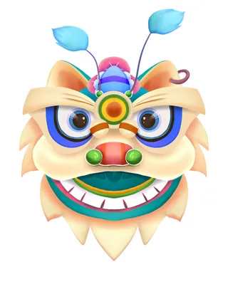 新年春节虎年元宵手绘人物舞狮卡通狮子头插画元素PSD设计素材