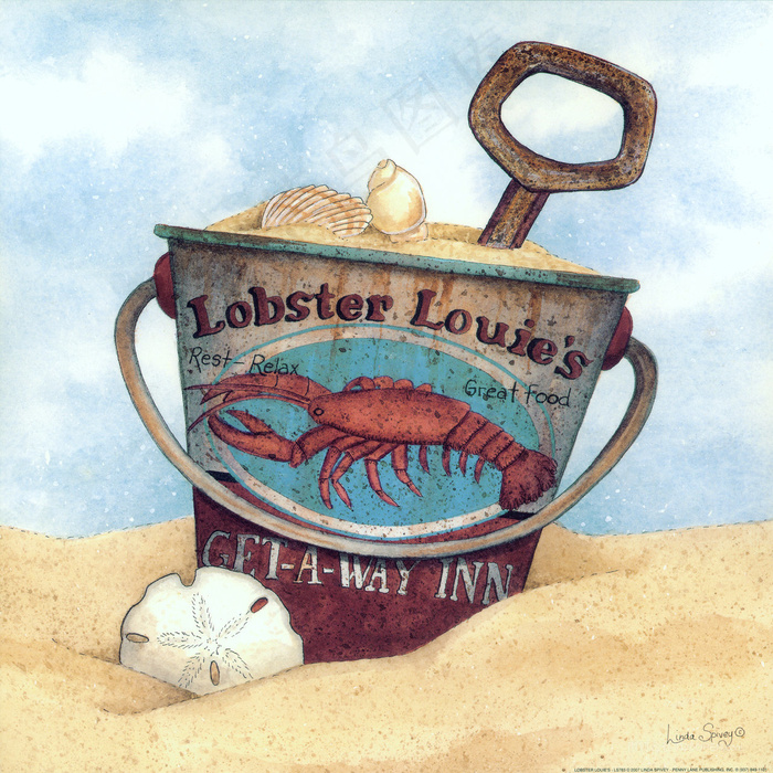 沙滩桶水彩油画