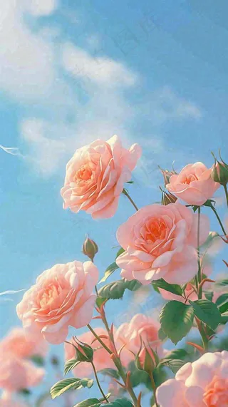 春天蓝天白云阳光下的粉色玫瑰花朵，谷雨立夏