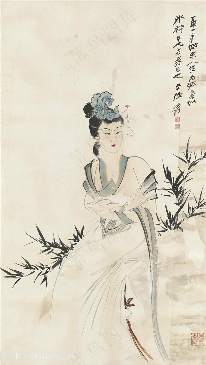 张大千水墨画水墨竹子美女装饰画