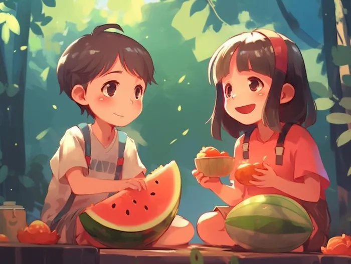 夏日卡通插画儿童吃西瓜动漫风背景(1232x928)