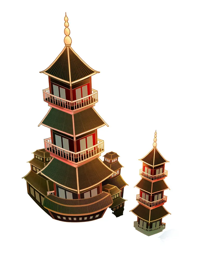 复古中国风国潮古建筑插画手绘高楼古塔PSD素材亭子png免抠图psd模版下载