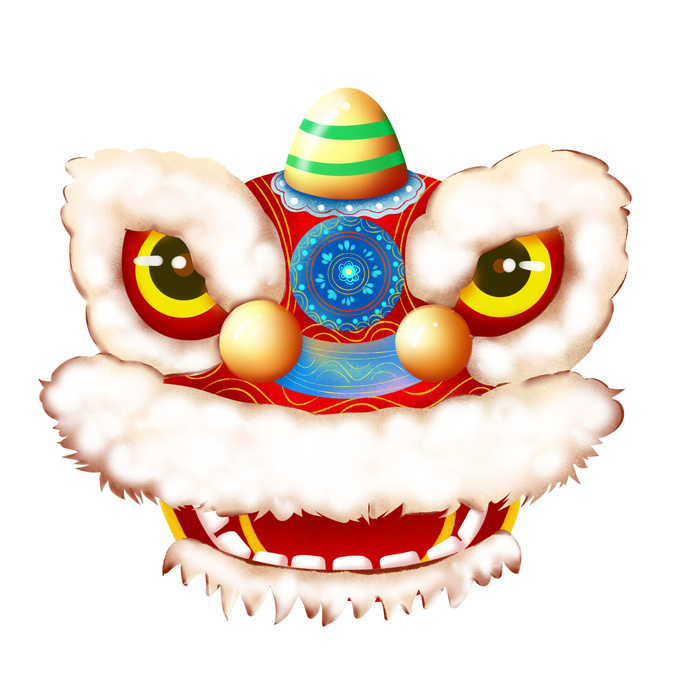 新年春节虎年元宵手绘人物舞狮卡通狮子头插画元素PSD设计素材