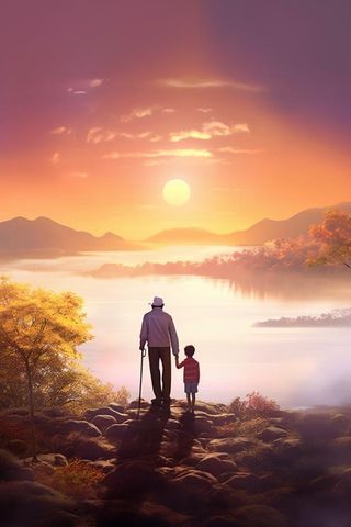 落日老人孩子山海背景