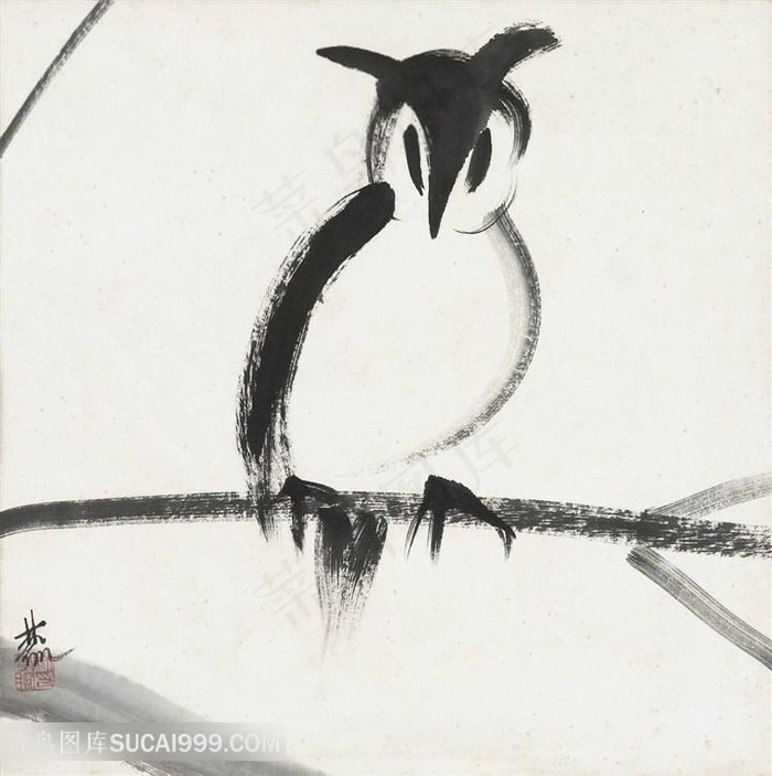 林风眠手绘猫头鹰水墨装饰画