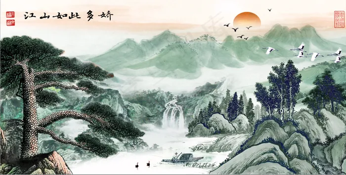 新中式中国风山水花鸟月夜梅花飞鸟丹顶鹤鹤高清背景图客厅卧室装饰画玄关画