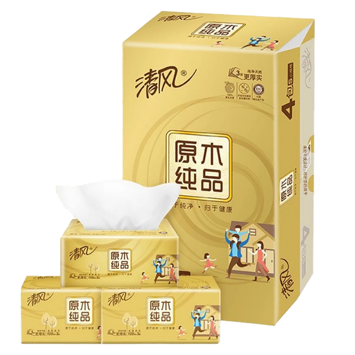 清风金装原木纯品抽纸3层120抽x4包超市商品白底图免抠实物摄影png格式图片透明底