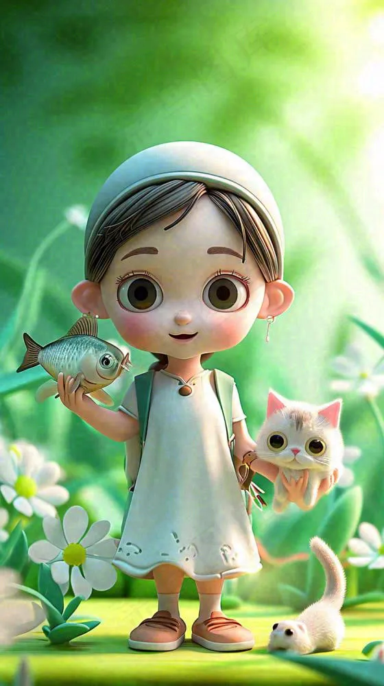 儿童节小女孩田间游玩小草小花，动物鱼类可爱(816x1456)