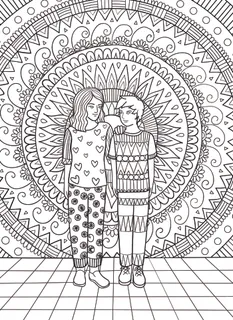 情侣同心圆手绘黑白线描线稿