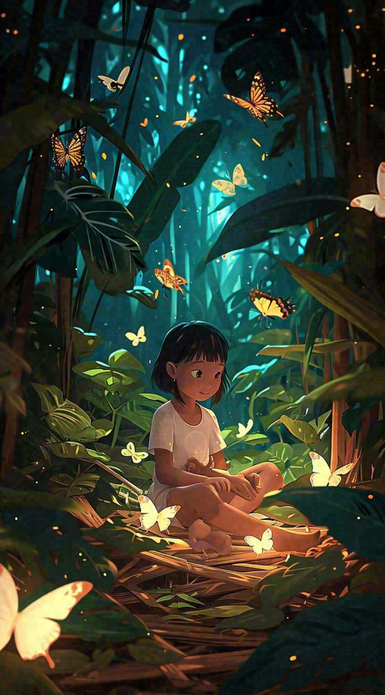 森林意境儿童少女灯光蝴蝶手绘插画，丛林树木(816x1472)