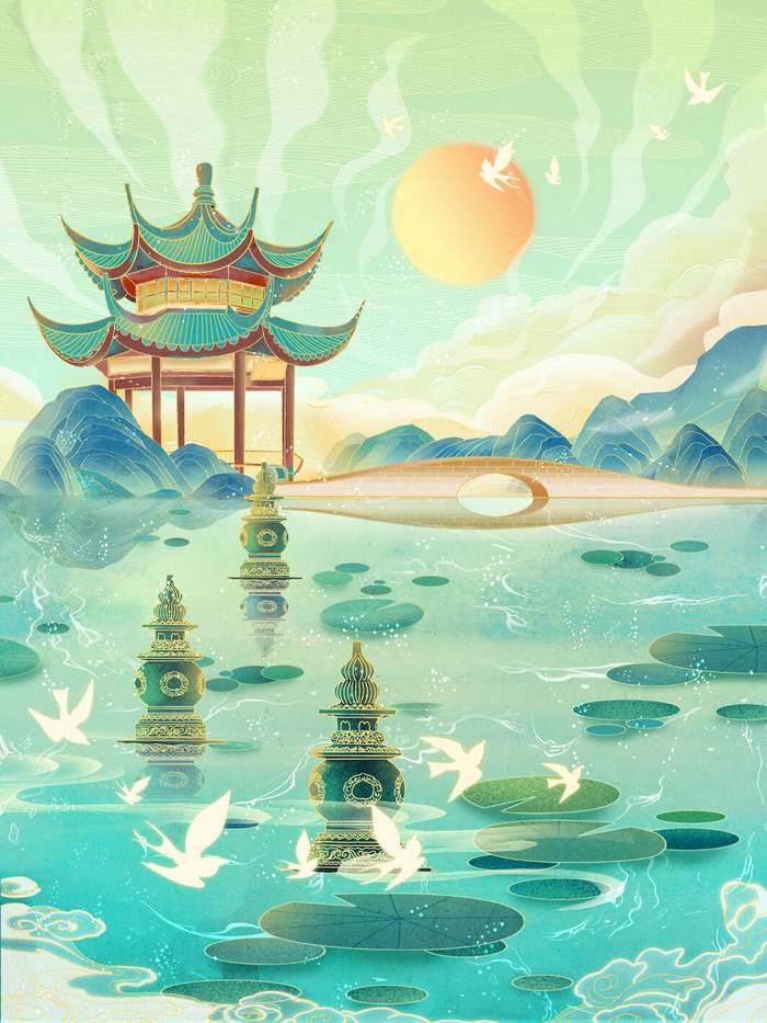 中国风国潮烫金仙鹤山水古建筑风景装饰插画背景PSD分层设计素材
