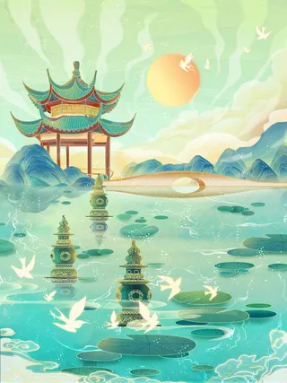 中国风国潮烫金仙鹤山水古建筑风景装饰插画背景PSD分层设计素材
