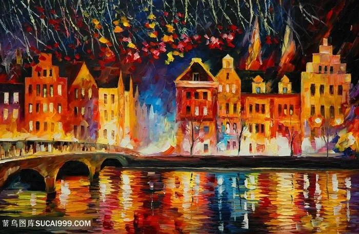 唯美拱桥建筑水彩油画装饰画