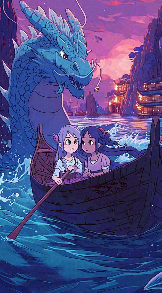 创意卡通古风河面人物游船，夜晚龙灯笼光照，海浪水面(816x1472)