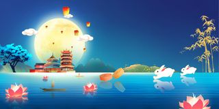 中秋建筑远景插画素材背景