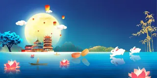 中秋建筑远景插画素材背景
