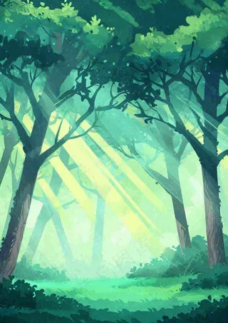 春意盎然的树林里阳光洒下绿草茵茵的水彩画