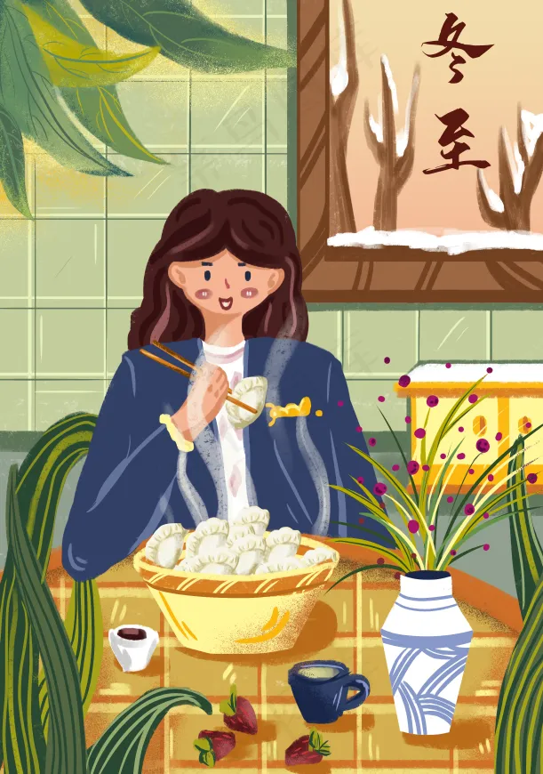 冬至插画小女孩煮水饺psd模版下载